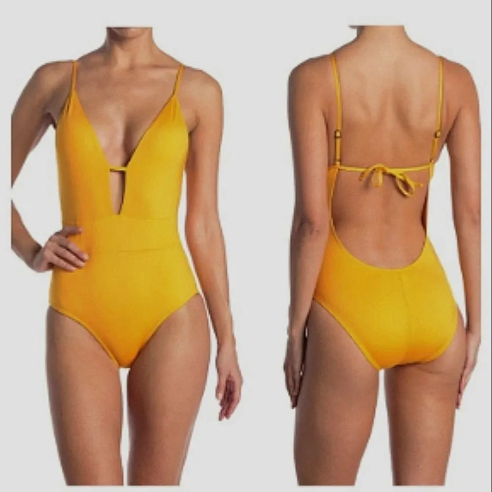BECCA by Rebecca VirtueTie Back One Piece Women's Swimsuit Yellow Marigold sz L